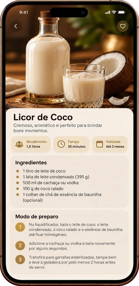 Tela do app: Licor de Coco