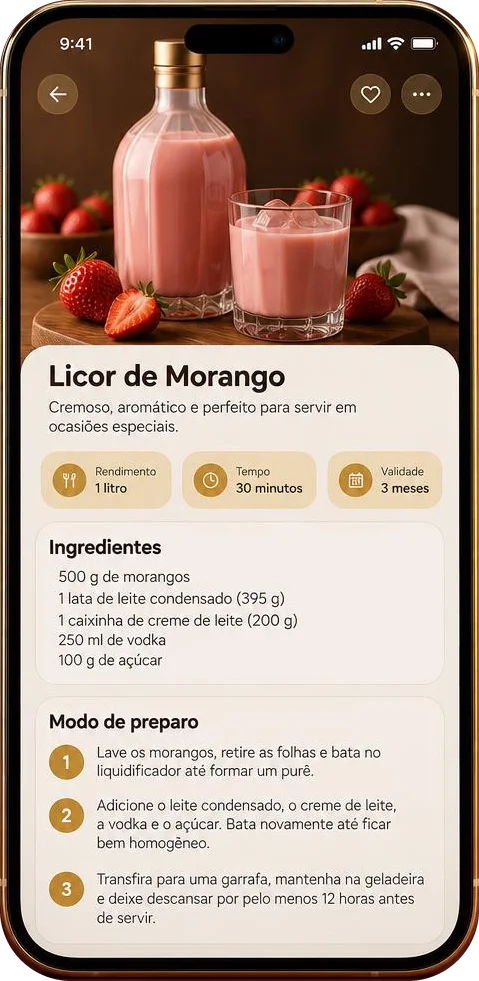 Tela do app: Licor de Morango