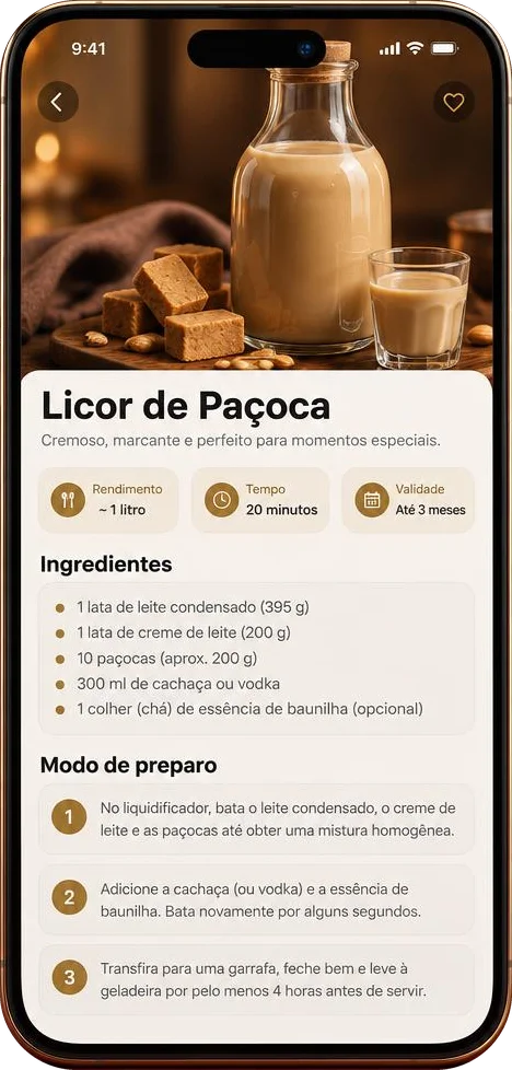Tela do app: Licor de Paçoca